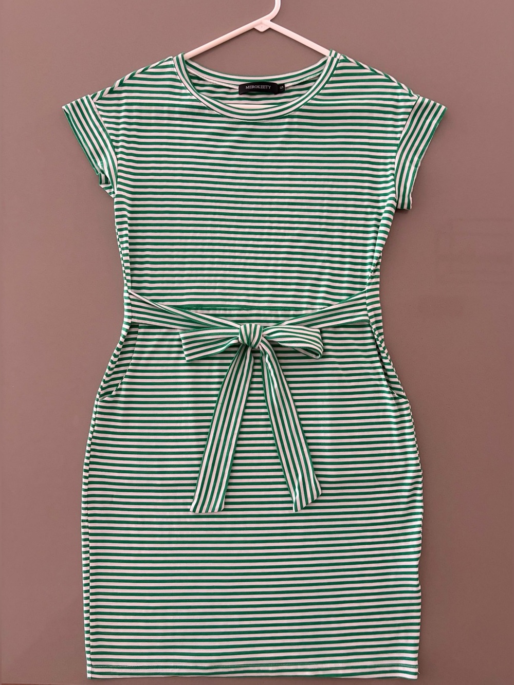 Green Striped Tie-Waist Mini Dress by MEROKEETY